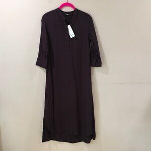 Uniqlo Shirt Dress Striped 3/4 Sleeve Women Size XS Rayon Midi Wine New